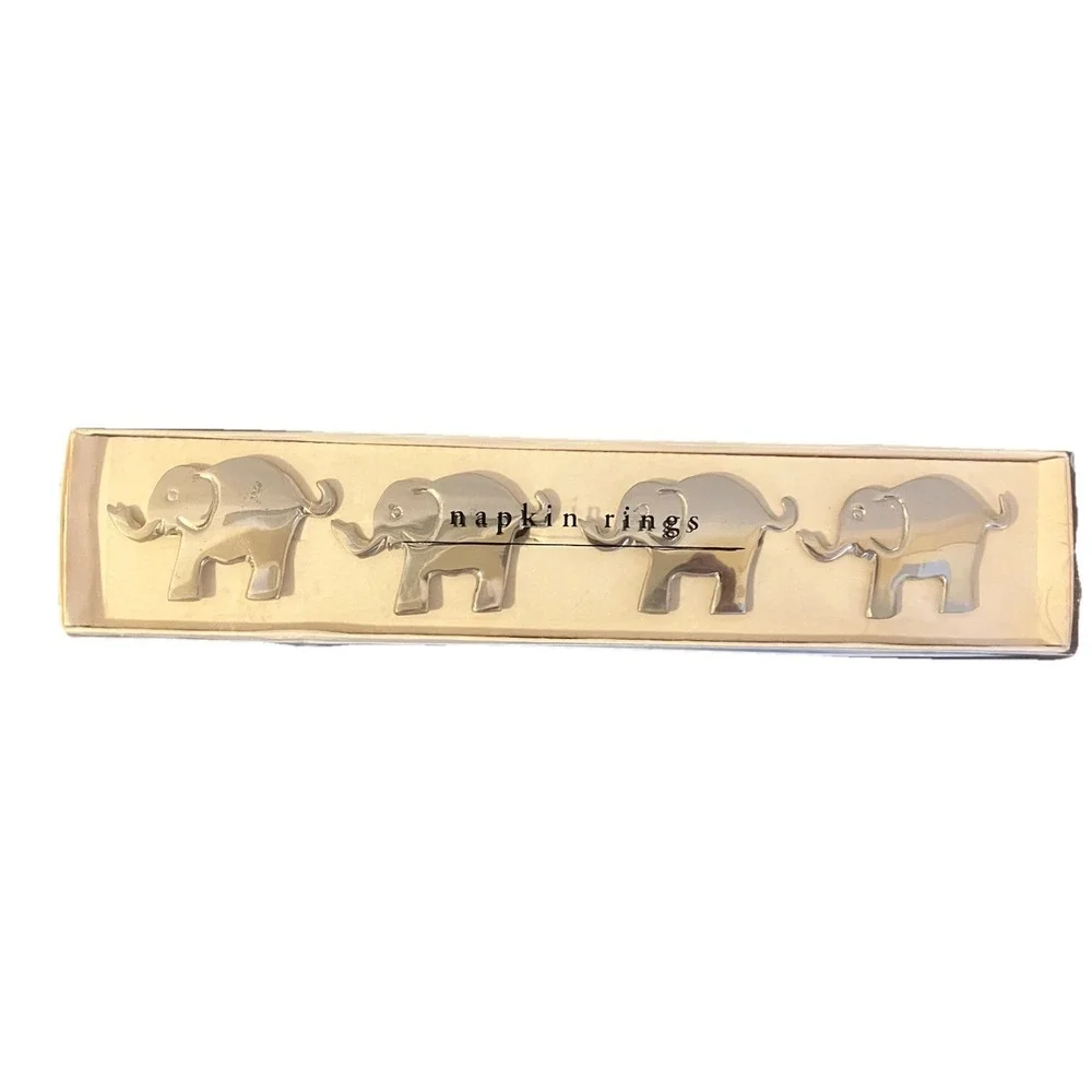 VTG Pier One Napkin Rings Set of 4 Elephants Nickel Plated‎ Silver Trunk Up NIB